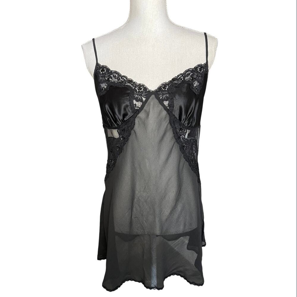VTG Y2K Victoria's Secret Black Lace Chiffon Babydoll Slip Dress whimsigoth